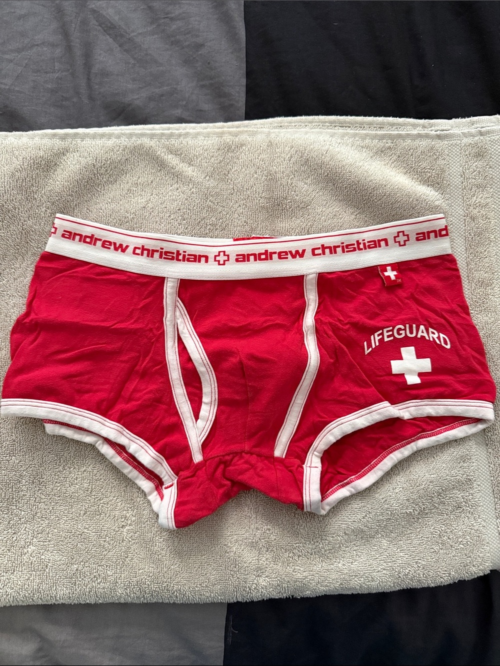 Andrew Christian Red Lifeguard Boxer Briefs with White Trim Small